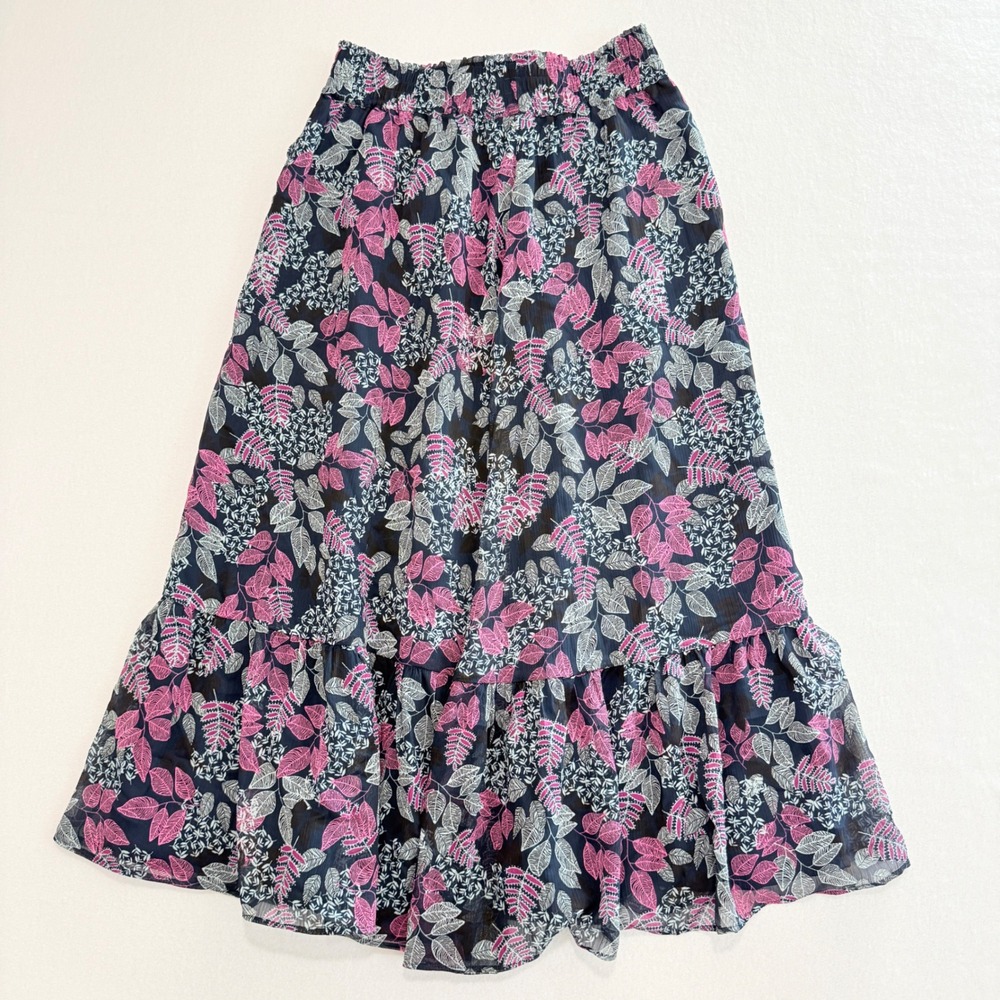 LOFT Maxi Skirt Size S Navy Pink Floral Leaf Tiered Cottagecore Boho Romantic